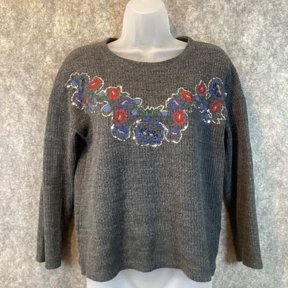 Zara Sequin Embroidered Floral Gray Sweater Size Small Ribbed Knit Lagenlook - Picture 4 of 13